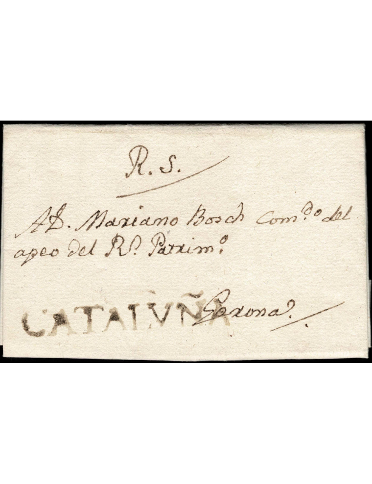 1825 (20 AGO) Ramió (Fogars de la Selva) a Girona. Sobrescrito con marca “CATALVÑA” lineal de tipo grande en tinta de escribir p