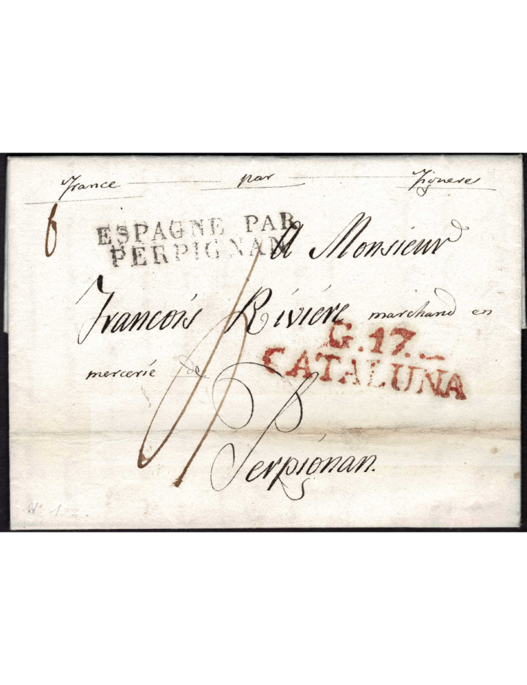 1826 (15 Nov) Palafurgell a Perpiñán. Sobrescrito con la marca “ G. 17 / CATALUÑA” (nº10) en rojo de Girona. Marca de frontera p
