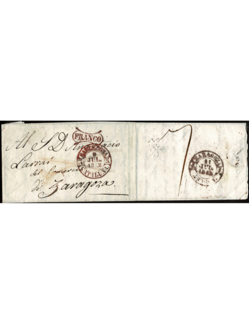 1842 (9 JUL) Barcelona a Zaragoza. Sobrescrito con fechador y marca “FRANCO” (nº 53 y 62) de uso general en rojo oxidado de Barc