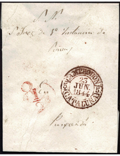 1844 (23 JUN) Camprodon a Puigcerdà. Envuelta del S.N. con fechador en rojo de Camprodon. Porteo “8 1/2” cuartos superpuesto en 