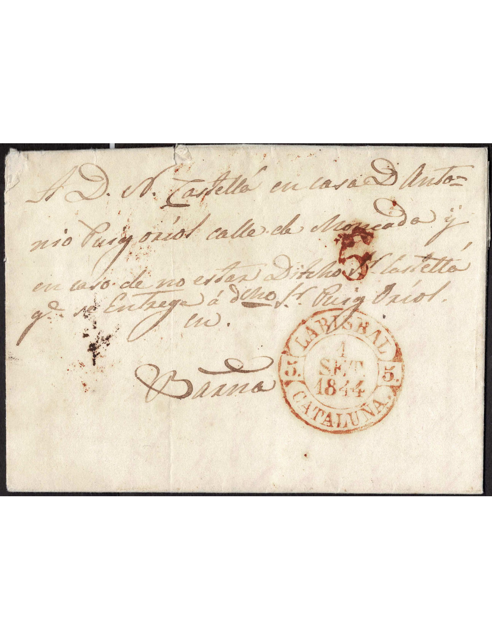 1844 (31 AGO) Torroella de Montgrí a Barcelona. Sobrescrito con fechador de La Bisbal en rojo ladrillo. Porteo “6” cuartos en ro