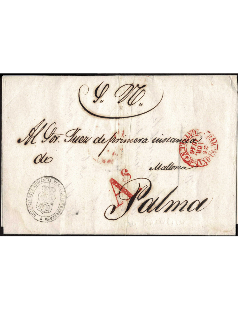1846 (24 ABR) Barcelona a Palma. Gran pliego del S.N. con la marca “AS” en color rojo en el frente, el fechador Baeza y el sello