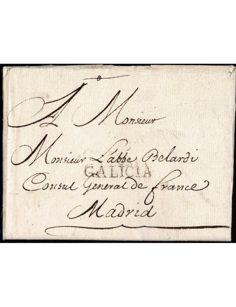 1739 (14 MAR) Coruña a Madrid. Marca “GALICIA” (nº3) lineal en negro. Sin mención de porteo. Por su fecha inédita y tan temprana