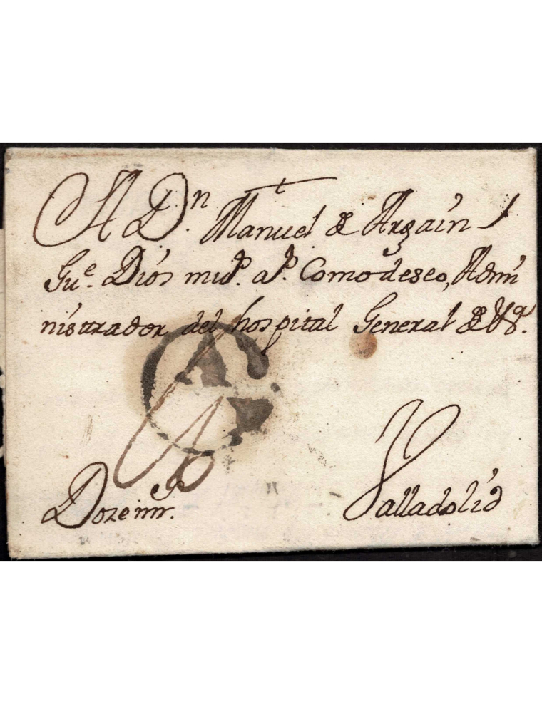 1744 (29 SET) Junquera de Ambia a Valladolid. Sobrescrito con la marca “GA” ( nº 1) en negro aceitoso de Orense. Indicación de p