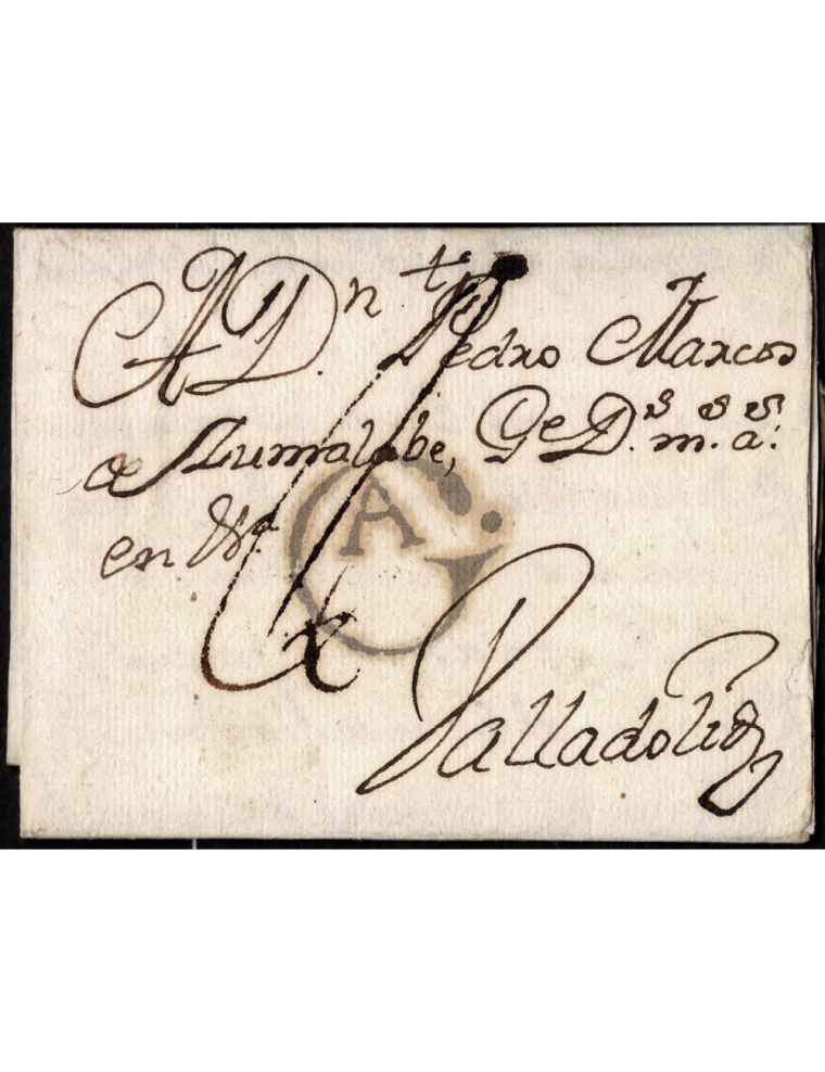 1752 (16 AGO) Reguengo a Valladolid. Sobrescrito con la marca “GA” ( nº 1) en negro aceitoso de Orense. Indicación de porte del 