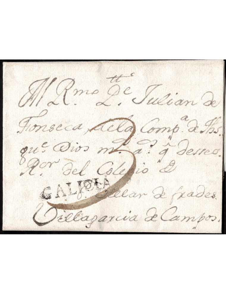 1763 (28 DIC) Santiago a Villagarcía de Campos. Marca “GALICIA” (nº3) lineal en negro de Santiago. Porteo mns. “3” (cuartos). In