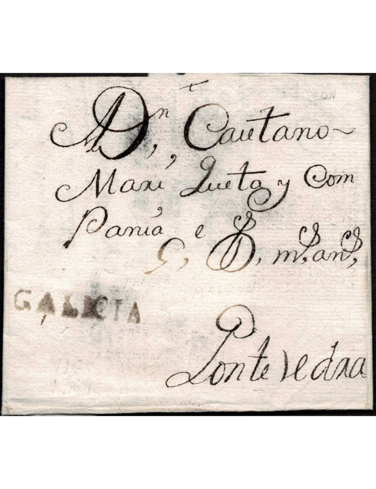 1764 (23 JUN) Vigo a Pontevedra. Marca “GALICIA” (nº2) lineal en tinta de escribir de Vigo. Sin mención de porteo. Bonita y rara
