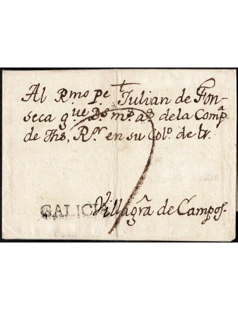 1766 (15 SET) Pontevedra a Villagarcia de Campos.Marca “GALICIA” (nº3) lineal en negro de Pontevedra. Porteo mns. “7” cuartos. R