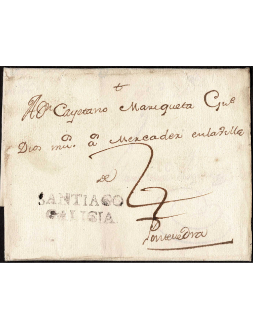 1766 (1 OCT) Santiago a Pontevedra. Marca “SANTIAGO/ GALICIA” (nº4) en negro de Santiago. Porteo mns. “3” cuartos rectificado a 