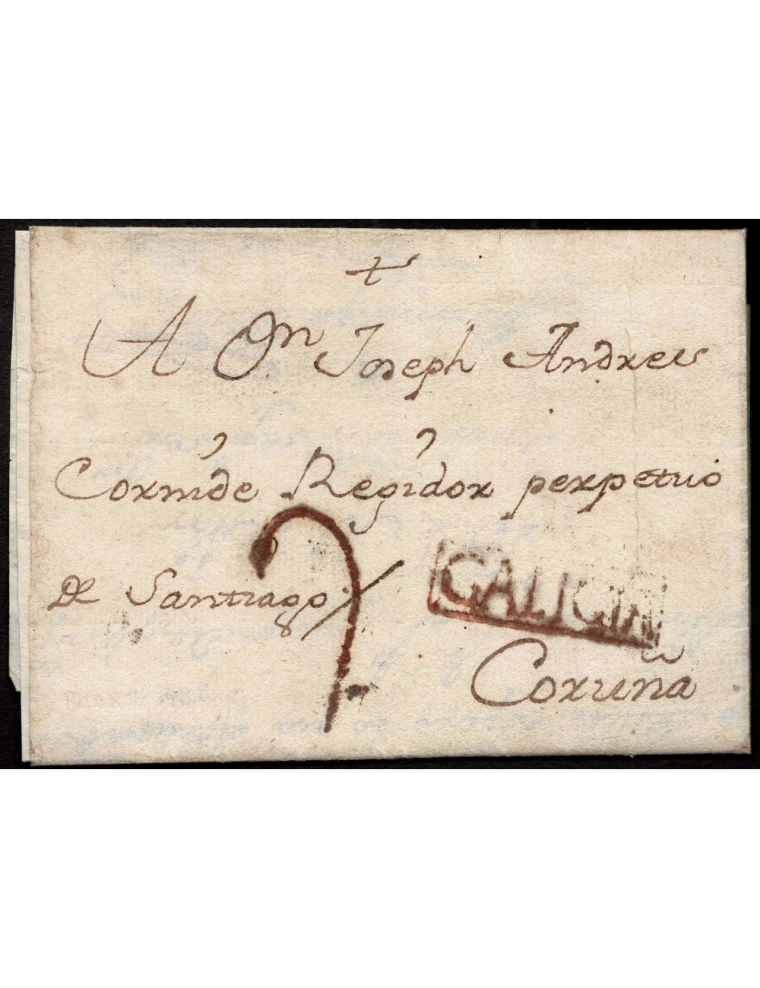 1778 circa. Lugo a Coruña. Sobrescrito con la marca “GALICIA” (nº2) recuadrada en rojo y porteo “2” cuartos de cuño, ambas en ro