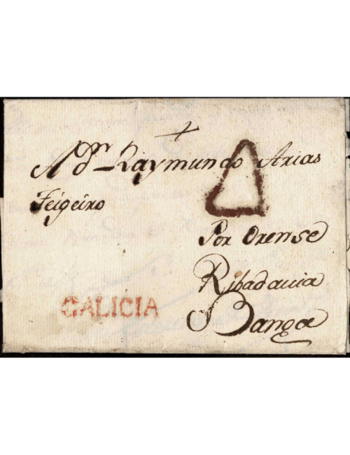 1782 (11 DIC) Coruña a Banga. Marca “GALICIA” (nº6) lineal en rojo de Coruña. Porteo “4” cuartos en rojo oxidado. Preciosa y rar