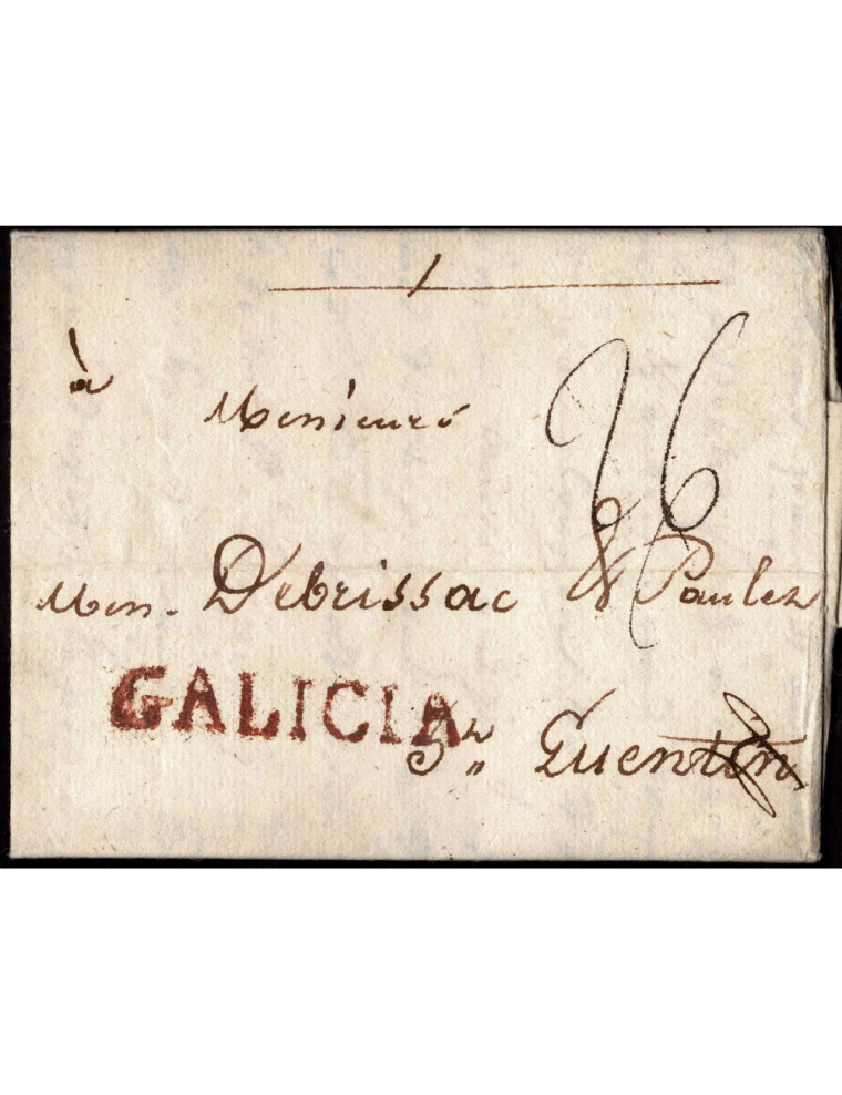 1789 (19 SET) La Coruña a Quentin. Marca “GALICIA” (nº7) lineal en rojo oxidado de Coruña. Porteo “26” décimas. Precioso y raro 