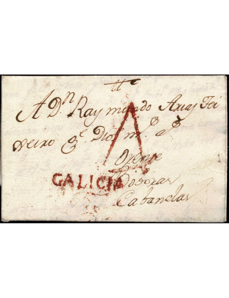 1787 (5 ENE) Santiago a Cabanelas. Marca “GALICIA” (nº6) lineal en rojo de Santiago. Porteo “4” cuartos aplicado en origen con l