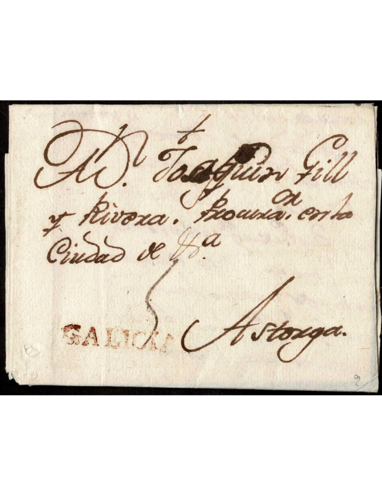 1794 (24 OCT) Pacios a Astorga. Marca “GALICIA” (nº3) lineal en rojo de Monforte de Lemos. Porteo mns. “5” cuartos. Bonita y rar