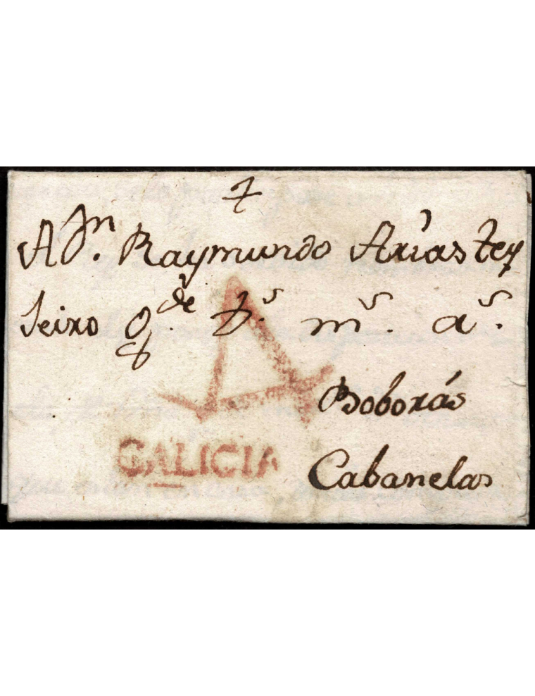 1795 (25 MAR) Coedo a Cabanelas. Marca “GALICIA” (nº5) lineal en rojo de Orense. Porteo “4” cuartos en rojo. Bonito y muy raro e