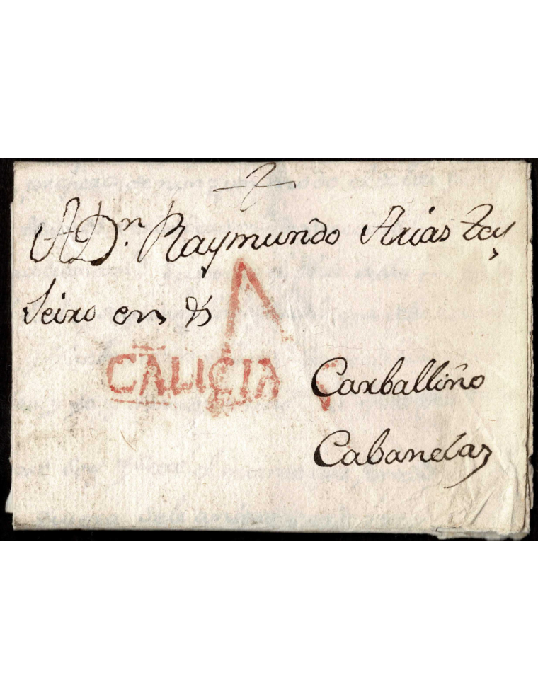 1796 (16 NOV) Villar de Cerreda a Cabanelas. Marca “GALICIA” (nº5) lineal en rojo de Orense. Porteo “4” cuartos en rojo. Bonito 