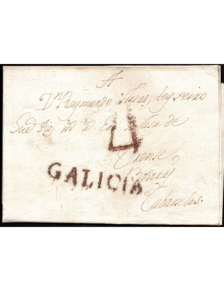 1798 (6 JUL) Santiago a Cabanelas. Marca “GALICIA” (nº7) lineal en rojo oxidado de Santiago. Porteo “4” cuartos aplicado en orig