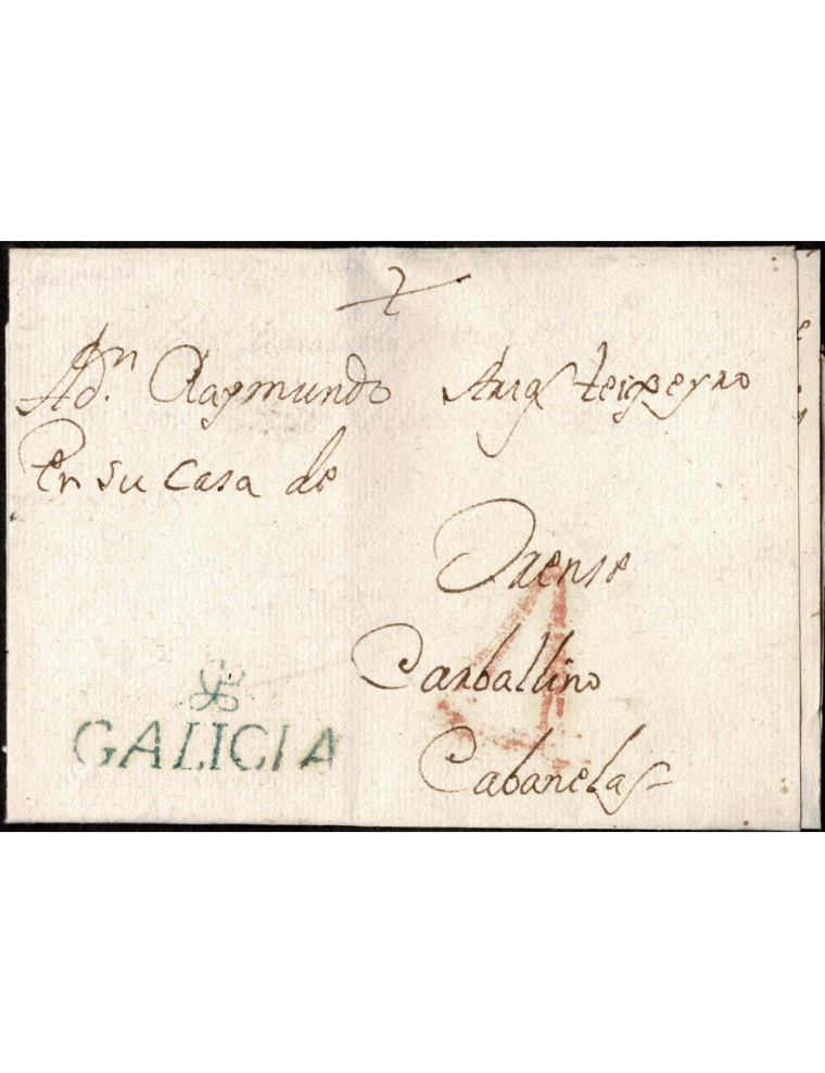 1799 circa Pontevedra a Cabanelas. Marca “X/GALICIA” (nº7) en azul de Pontevedra. Porteo “4” cuartos en rojo. Precioso ejemplar 