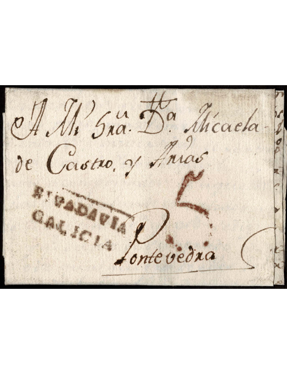 1807 (27 FEB) Rivadavia a Pontevedra. Marca “RIVADAVIA/GALICIA” (nº3) en rojo oxidado y porteo “5” cuartos aplicado en origen co