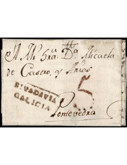 1807 (27 FEB) Rivadavia a Pontevedra. Marca “RIVADAVIA/GALICIA” (nº3) en rojo oxidado y porteo “5” cuartos aplicado en origen co