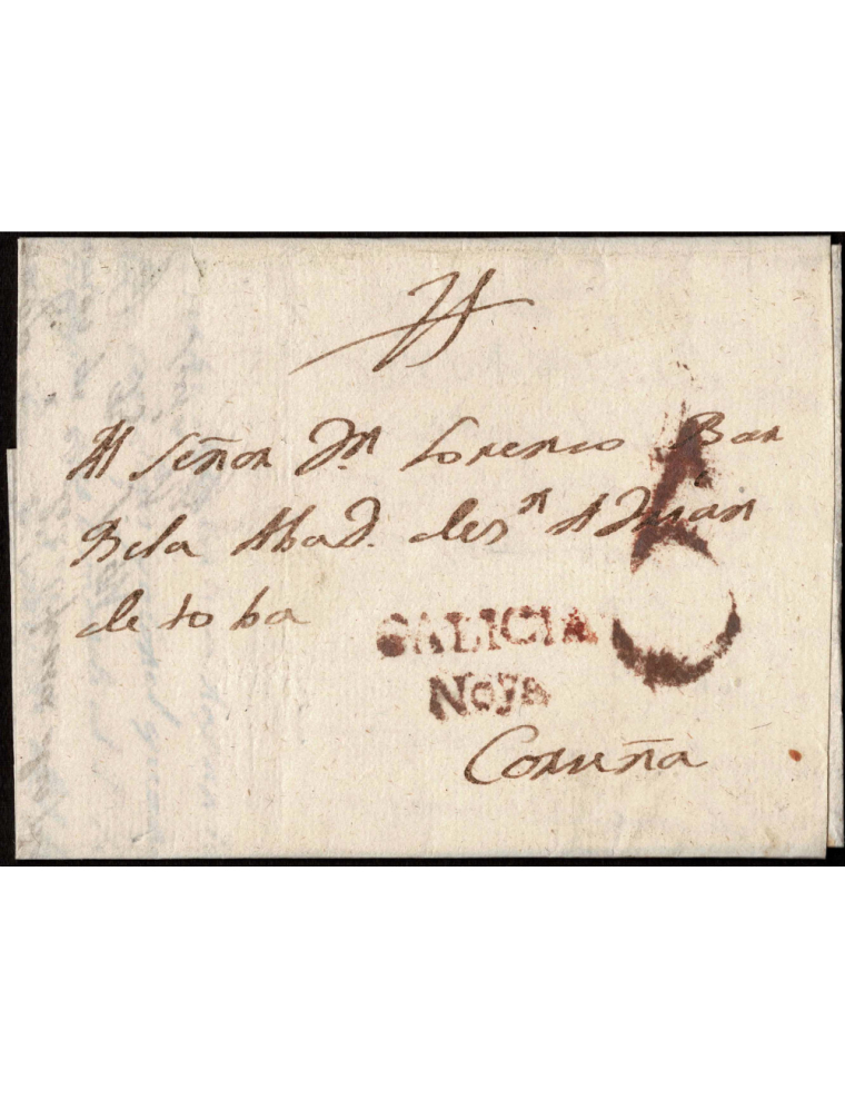 1814 (18 SET) Corredera a La Coruña. Marca “GALICIA / Noya” (nº1) y porteo “5” cuartos, ambos en rojo oxidado de Noya. Preciosa 