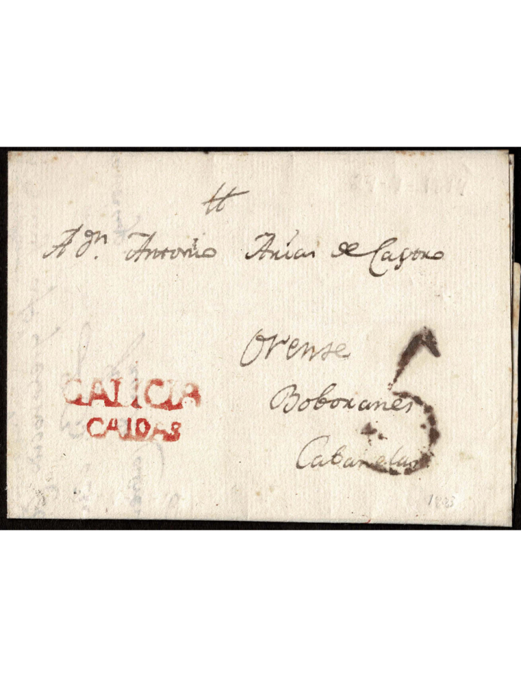 1814 (29 SET) Caldas a Cabanelas. Marca “GALICIA / CALDAS” (nº1) en rojo aguado de Caldas. Porteo “5” cuartos en rojo oxidado de