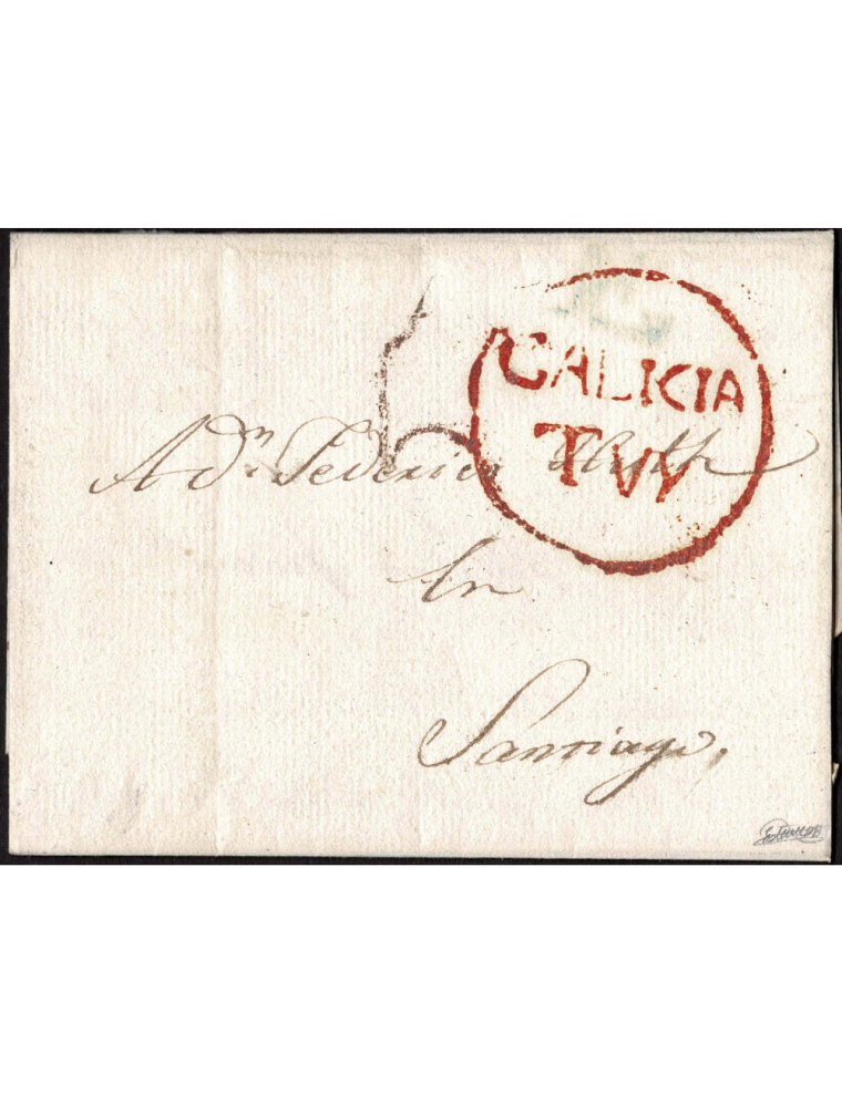 1818 (15 ENE) Tuy a Santiago. Marca “GALICIA / TVY” (nº5) recercada en rojo de Tuy. Porteo “5” cuartos en rojo oxidado aplicados