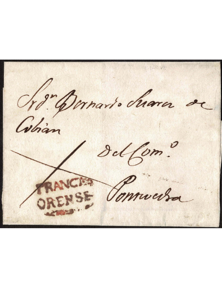 1823 circa Orense a Pontevedra. Marca “FRANCA / ORENSE” (nº14) recercada en rojo oxidado de Orense. En el frente aspado de franq