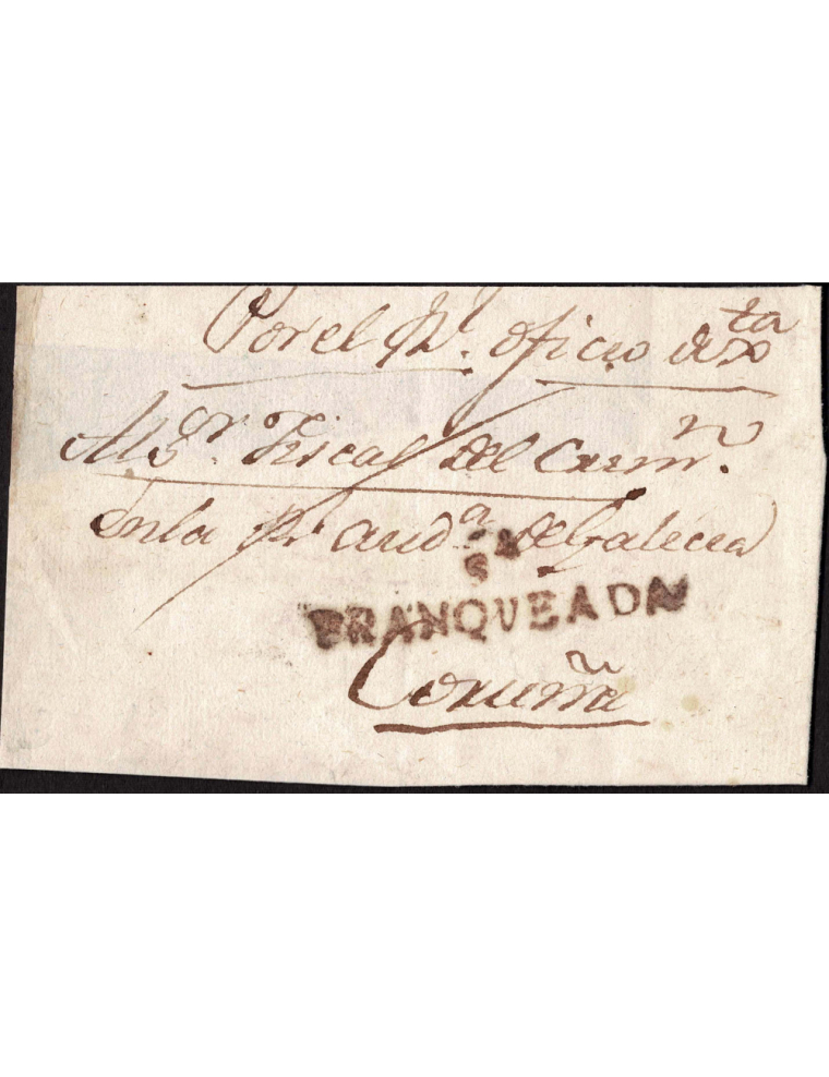 1823 circa Sarria a Coruña. Marca “SA / FRANCA” (nº4) en rojo oxidado de Sarria. En el frente aspado de franqueo y anotación “Po