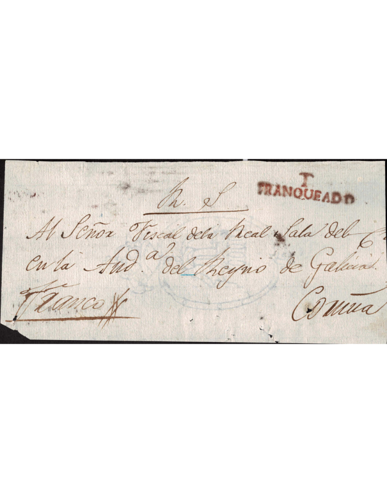 1823 circa Tuy a La Coruña. Marca “T / FRANQUEADO” (nº8) en rojo oxidado de Tuy. Aspado de franqueo en el frente y mns. “Franco”