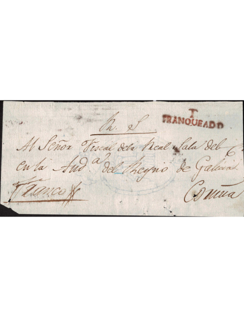 1823 circa Tuy a La Coruña. Marca “T / FRANQUEADO” (nº8) en rojo oxidado de Tuy. Aspado de franqueo en el frente y mns. “Franco”