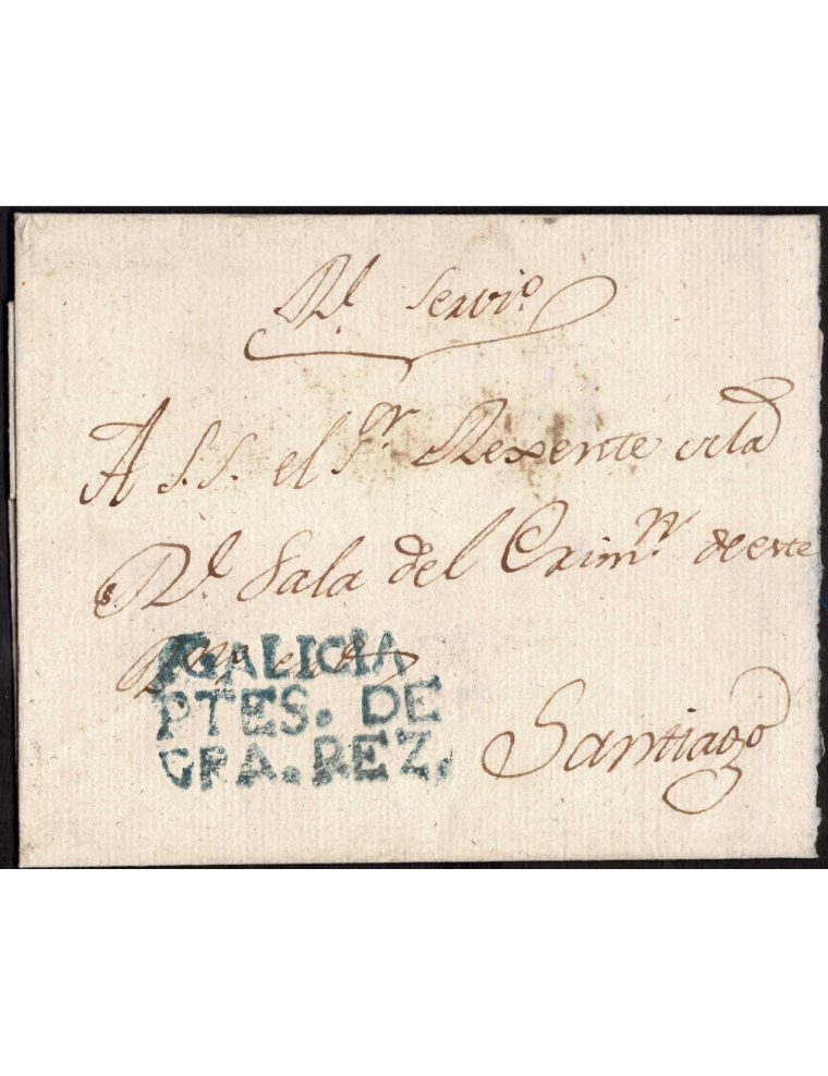 1827 circa Puentes de García Rodríguez a Santiago. Envuelta con la marca nº 1 en azul de perfecta estampación. Al dorso marca de