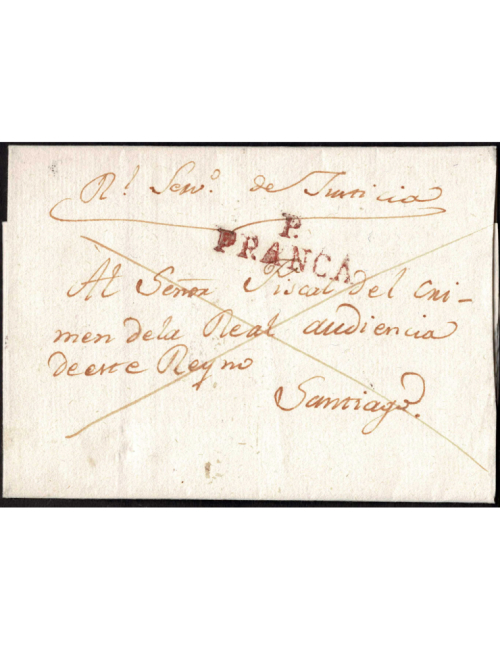 1827 (25 NOV) Pontevedra a Santiago. Marca “P. / FRANCA” (nº18) en rojo de Pontevedra. En el frente aspado y al dorso mns. “5” c