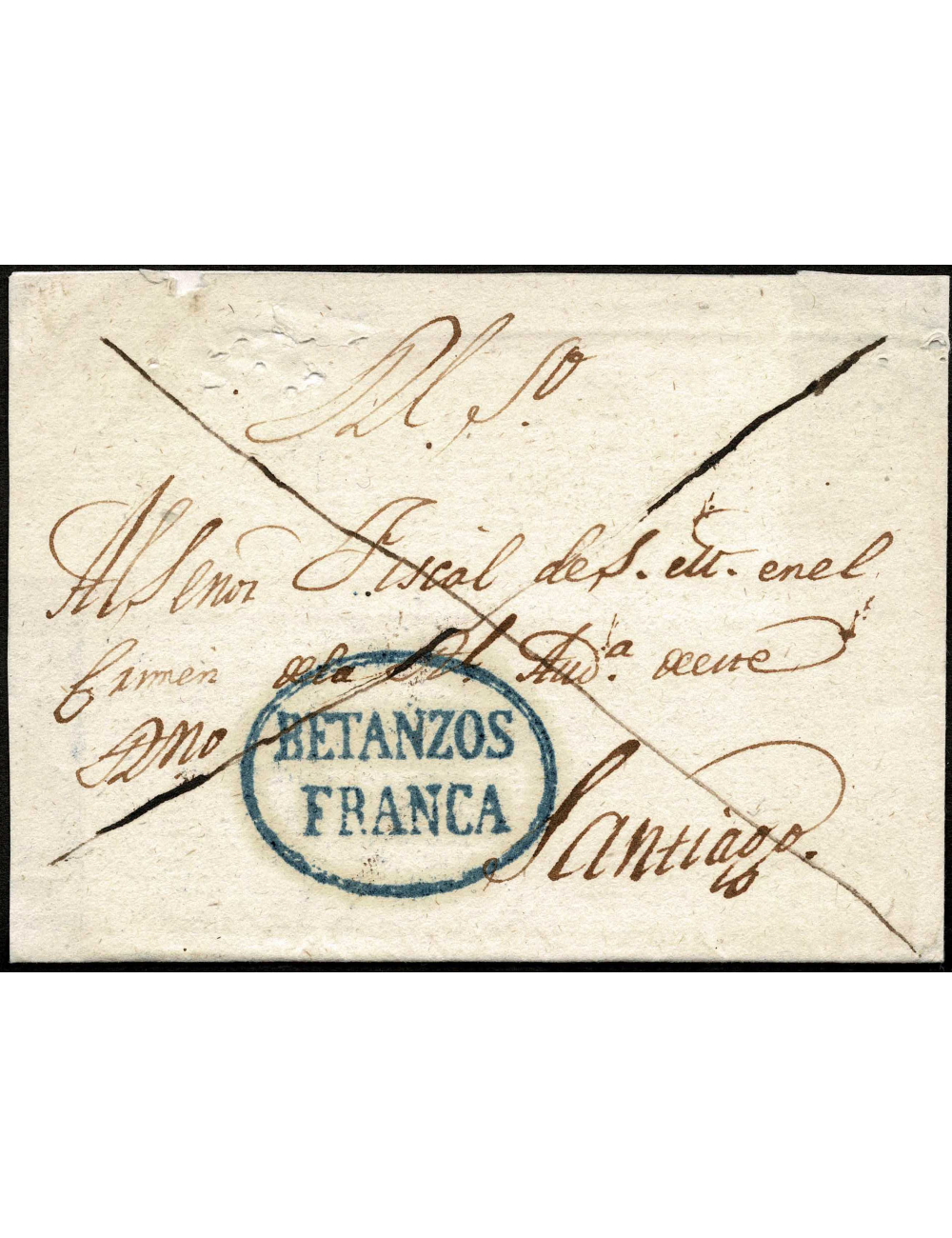 1829 circa. Betanzos a Santiago. Marca “BETANZOS / FRANCA” (nº 7) recercada en azul aceitoso de Lugo. En el frente aspado. Preci