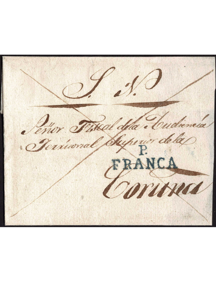 1831 circa. Pontevedra a Santiago. Marca “P. / FRANCA” (nº 18) en azul de Pontevedra. En el frente aspado y al dorso mns. “10” c