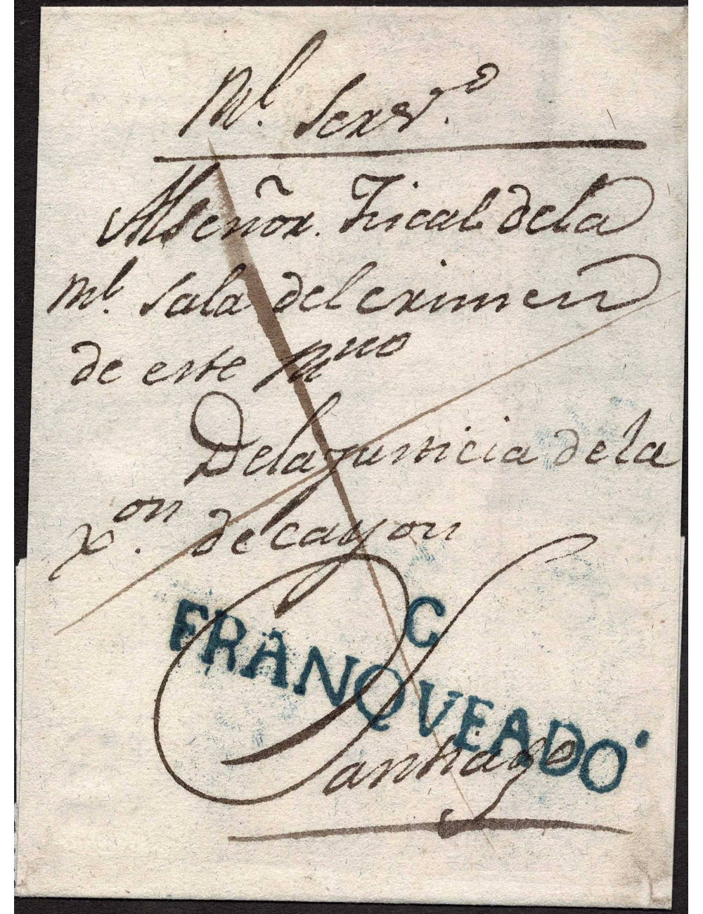 1832 circa. La Coruña a Santiago. Marca “C / FRANQUEADO” (nº 14) en azul de Coruña. En el frente aspado y al dorso mns. “Franque