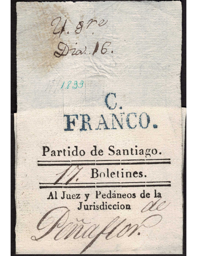 1833 La Coruña a Peñaflor. Fajín de impresos con marca “C. / FRANCO” (nº 16) en azul intenso de Coruña. Preciosa y muy rara.