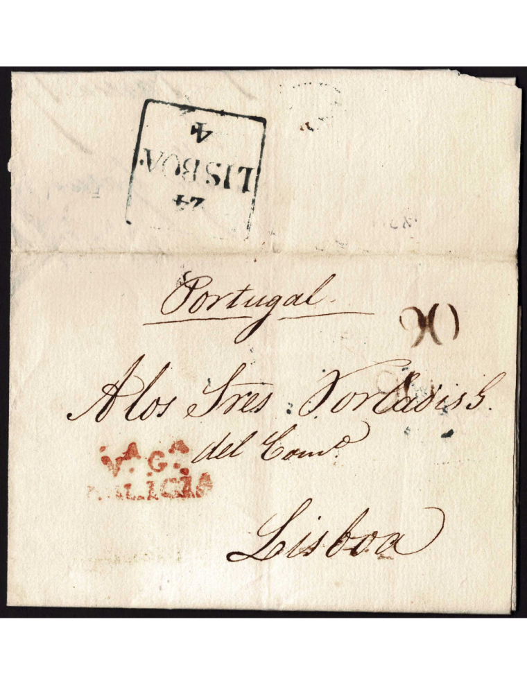 1834 (17 MAR) Villagarcía de Arosa a Lisboa. Marca “VA / GA / GALICIA”(nº 29) en rojo aceitoso de Villagarcía. Porteo “90” reis 