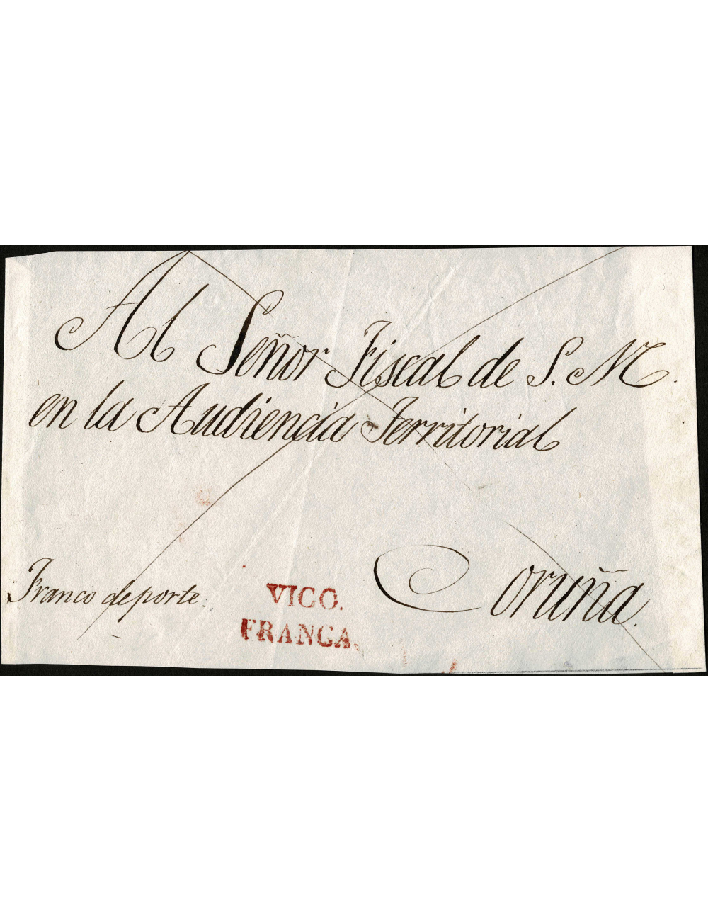 1835 circa. Vigo a La Coruña. Marca “VIGO / FRANCA”(nº 13) en rojo de Vigo. En el frente aspado de franqueo y anotación “Franco 