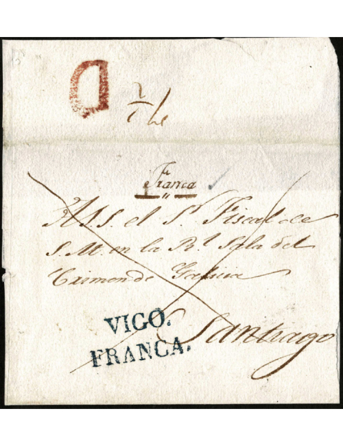 1840 circa Vigo a Santiago. Marca “VIGO / FRANCA” (nº 13) en azul de Vigo. En el frente aspado y mns. “Franca”. Al dorso “7 1/2”