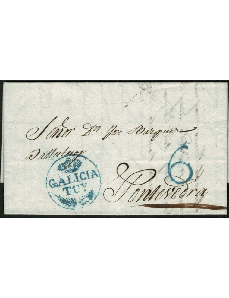 1841 (23 OCT) Braga (Portugal) a Pontevedra. Marca “GALICIA / TUY” (nº6) recercada y orlada y porteo “6” cuartos, ambas en azul 
