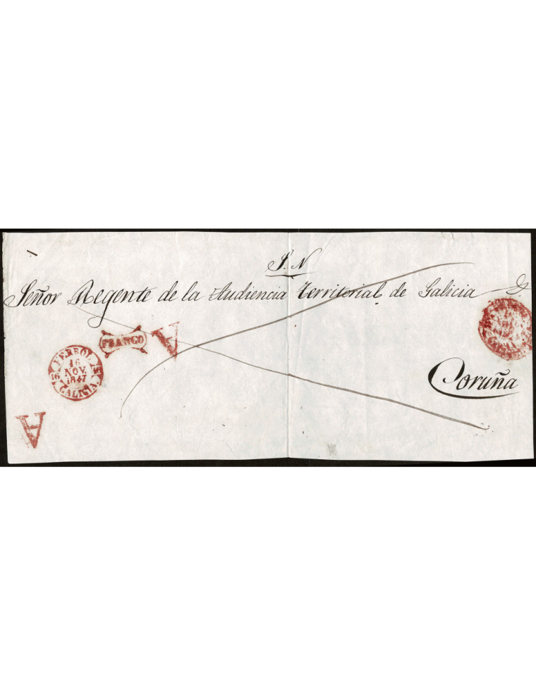 1847 (NOV 16) Ferrol a Coruña. Frontal con las marcas “A”, FRANCO (PE-RR) y fechador de la primera ciudad. Muy rara combinación 