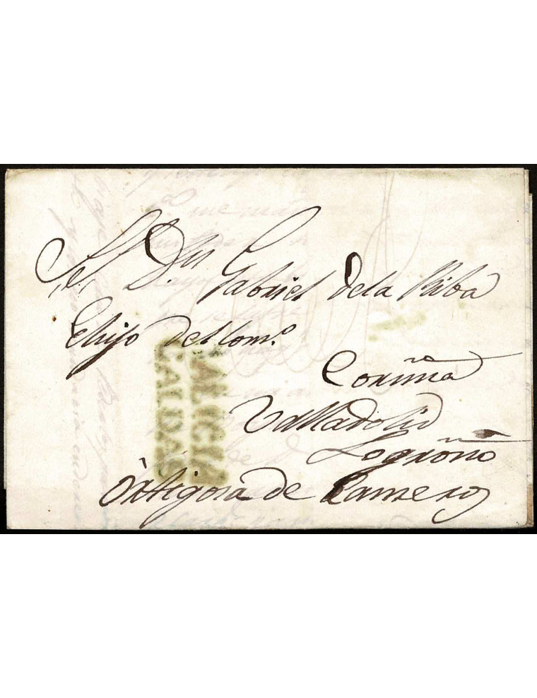 1849 (17 JUL) Baños de Cuntis a Ortigosa de los Cameros. Marca “GALICIA/ CALDAS” (nº2) en verde aceitoso. Sin mención de porteo.