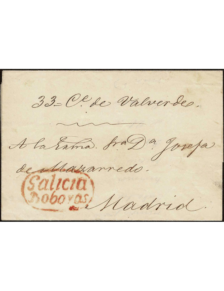 1850 (21 MAY) Liñares a Madrid. Marca “Galicia / Boboras” (nº1) recercada en rojo. Sin mención de porteo. Preciosa y rarísima ma