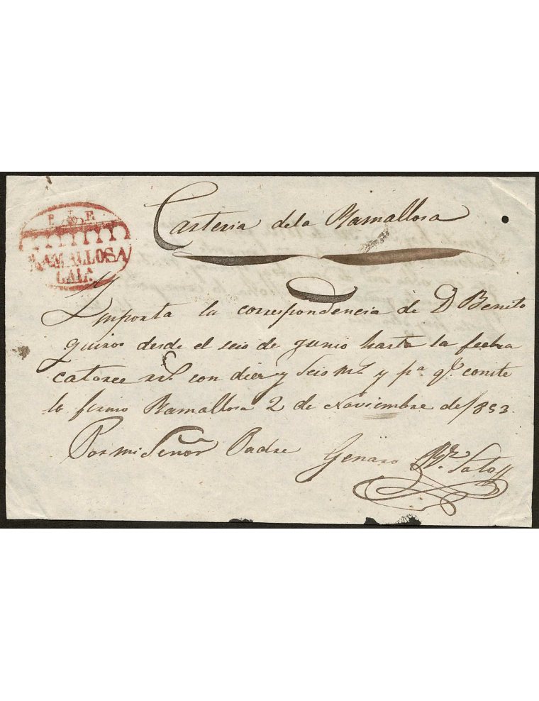 1853 (2 NOV) Ramallosa. Importe en el frente y recibo en el reverso del importe de la correspondencia de la cartería de Ramallos