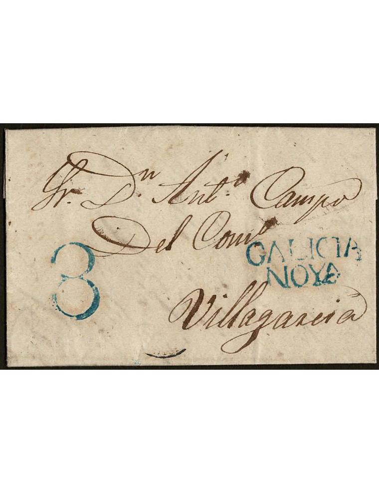 1854 (18 DIC) Noya a Villagarcia. Marca “GALICIA / NOYA” (nº2) y porteo “8” cuartos, ambas en azul de Noya por circular la carta