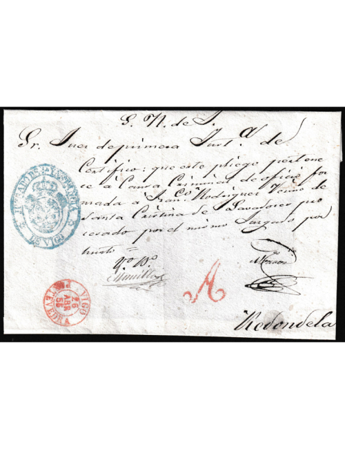1855 (ABR 26) Vigo a la Redondela con la marca “A” de Vigo en rojo, el franqueo debió ser de dos reales, según se indica el reve