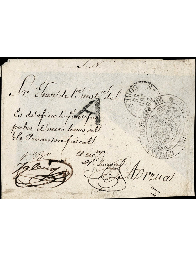 1855 (JUN 20) Santiago a Arzúa con la marca “A” de Santiago en negro. En el reverso se anota el importe del franqueo: “2R” (2 re