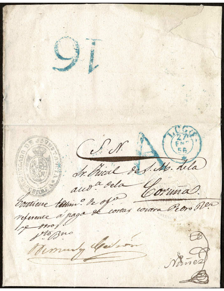 1856 (ENE 21) Becerreá (Lugo) a La Coruña con la marca “A” de Lugo en azul, donde se anota o abona el importe del franqueo, que 