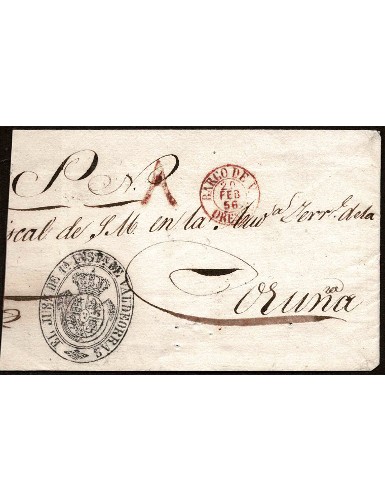 1856 (FEB 29) (año bisiesto) Valdeorras a La Coruña con la marca “A” de esta población (RR) , fechador tipo 1854 y el sello del 